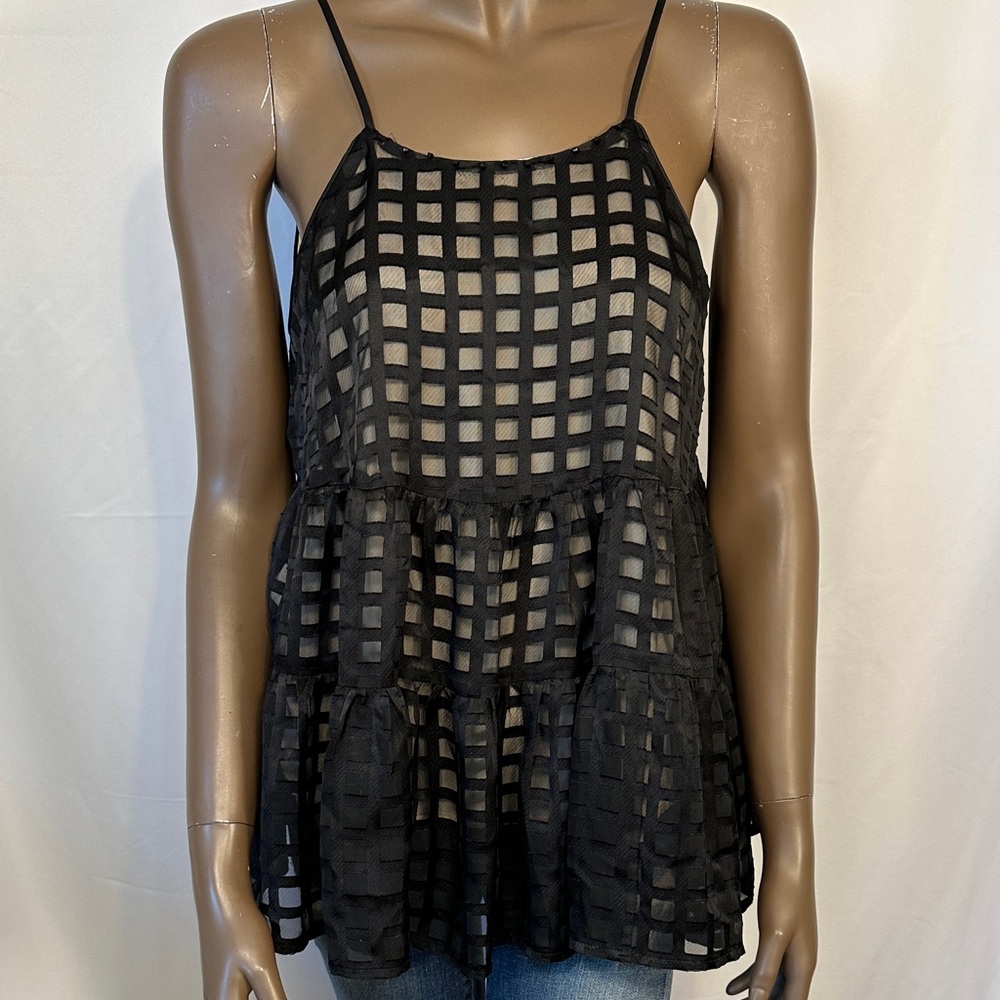 Anthropologie HD in Paris Black Mesh Checkered Women's Top
